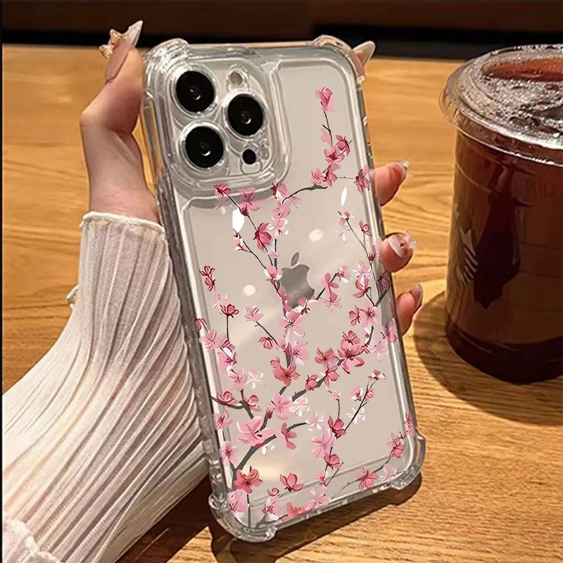 Phone Case for iPhone 17 16 15 14 13 12 11 Pro Max 17 Air 14 15 16 Plus Blossom Electroplated Transparent Shockproof Soft Cover