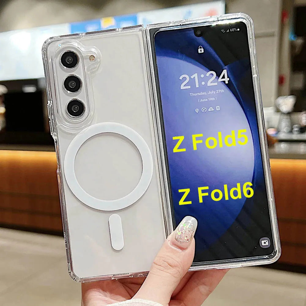 Galaxy Z Flip and Fold 3/4/5/6 Magnetic Case: Durable, Air-Cushioned, Transparent - Support Wireless Charging