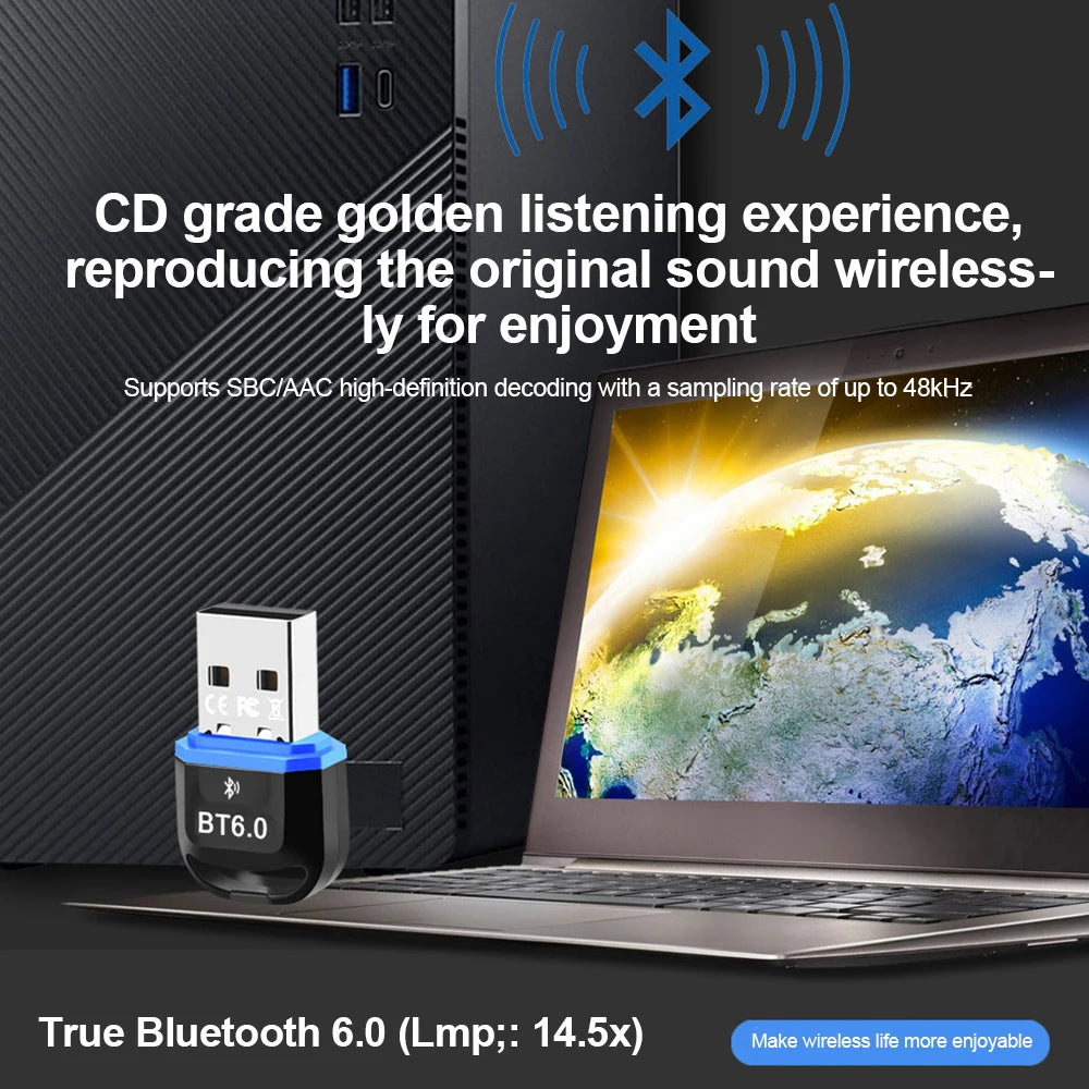 Bluetooth 6.0 Adapter Wireless Audio Transmitter Receiver USB Dongle for Car Headphone Speaker Driver Free ForWindows 8.1/10/11