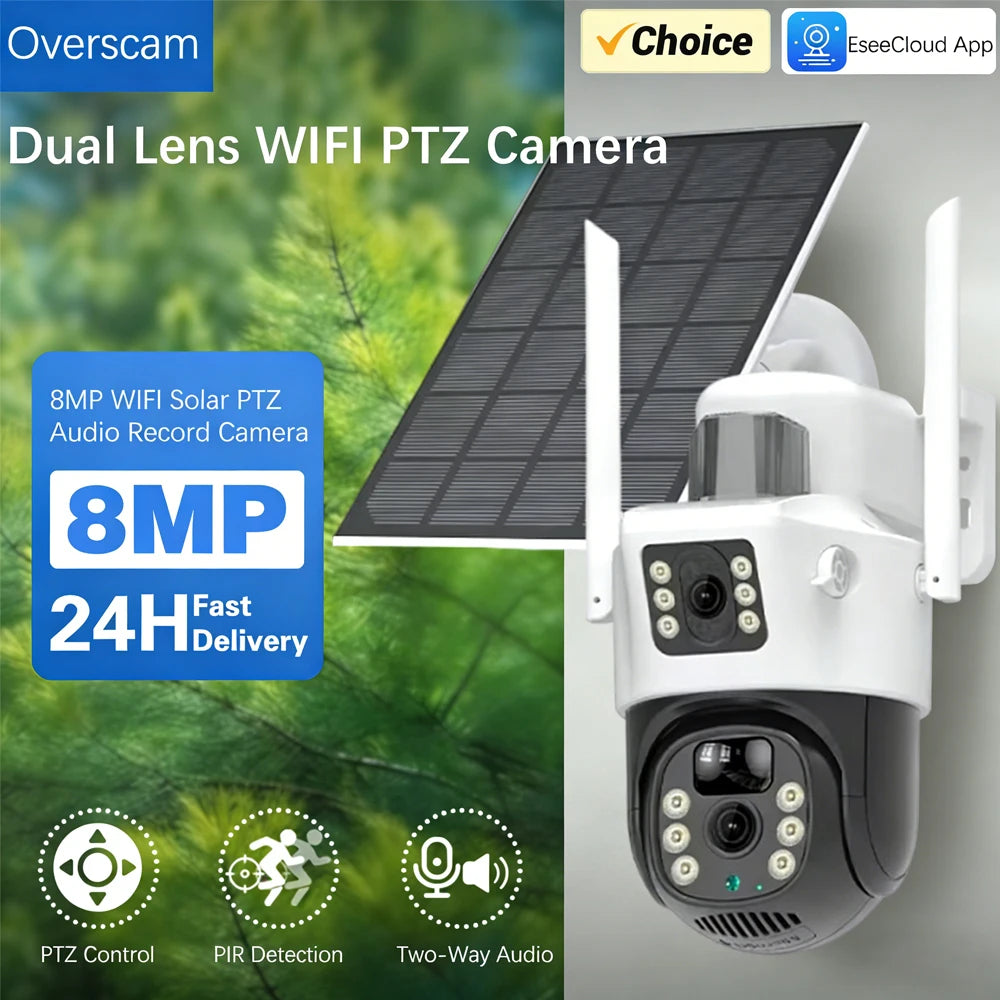 4K 8MP Dual Lens Solar Panel Security Camera Outdoor 5G WiFi Wireless CCTV Surveillance IP66 Waterproof Color Night Vision Cam