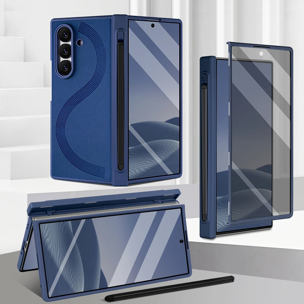Full Cover PU Leather Z Fold 7 Case With Magnetic Hinge Protector, Touch Pen And Privacy Glass Film For Galaxy Z Fold 7 Fold 6