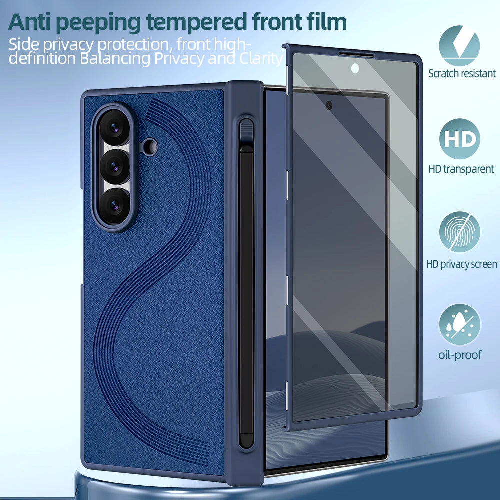 Full Cover PU Leather Z Fold 7 Case With Magnetic Hinge Protector, Touch Pen And Privacy Glass Film For Galaxy Z Fold 7 Fold 6