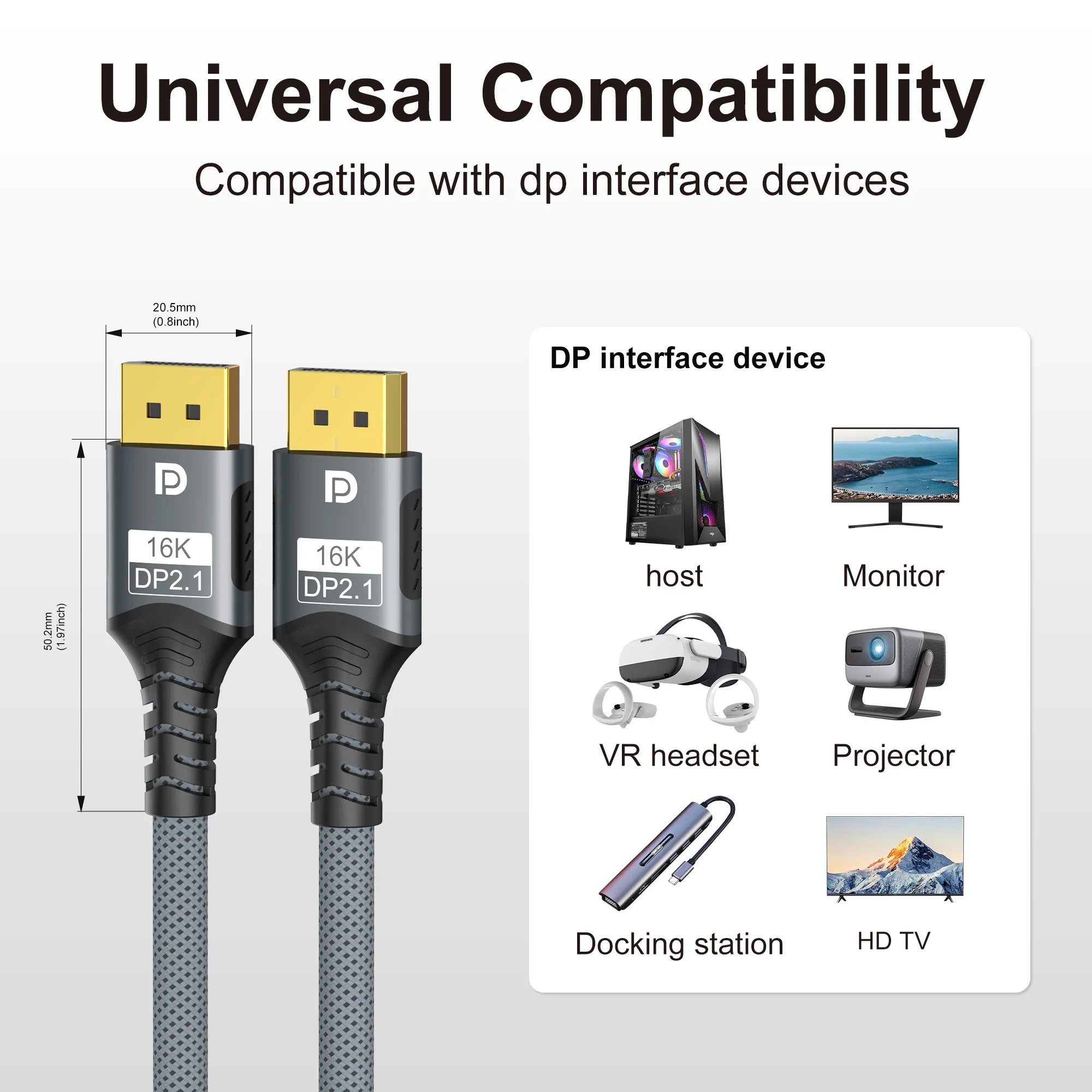 Displayport 2.1 16K DP Cable 8K@120Hz/60Hz 4K@240Hz 80Gbps HDR Video Audio Cable for Laptop Xbox Projector Gaming Monitor Video