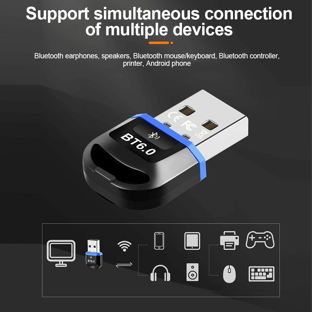 Bluetooth 6.0 Adapter Wireless Audio Transmitter Receiver USB Dongle for Car Headphone Speaker Driver Free ForWindows 8.1/10/11