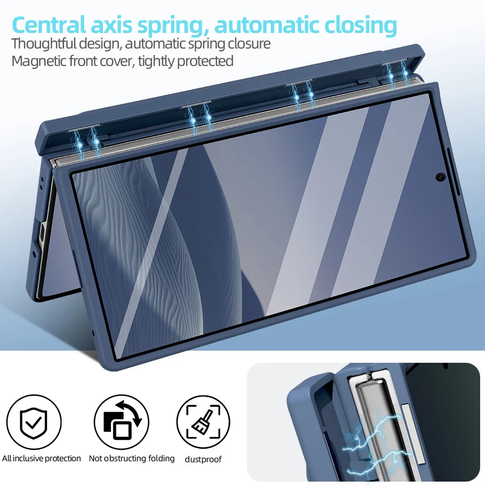 Full Cover PU Leather Z Fold 7 Case With Magnetic Hinge Protector, Touch Pen And Privacy Glass Film For Galaxy Z Fold 7 Fold 6