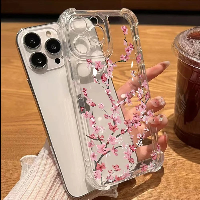 Phone Case for iPhone 17 16 15 14 13 12 11 Pro Max 17 Air 14 15 16 Plus Blossom Electroplated Transparent Shockproof Soft Cover