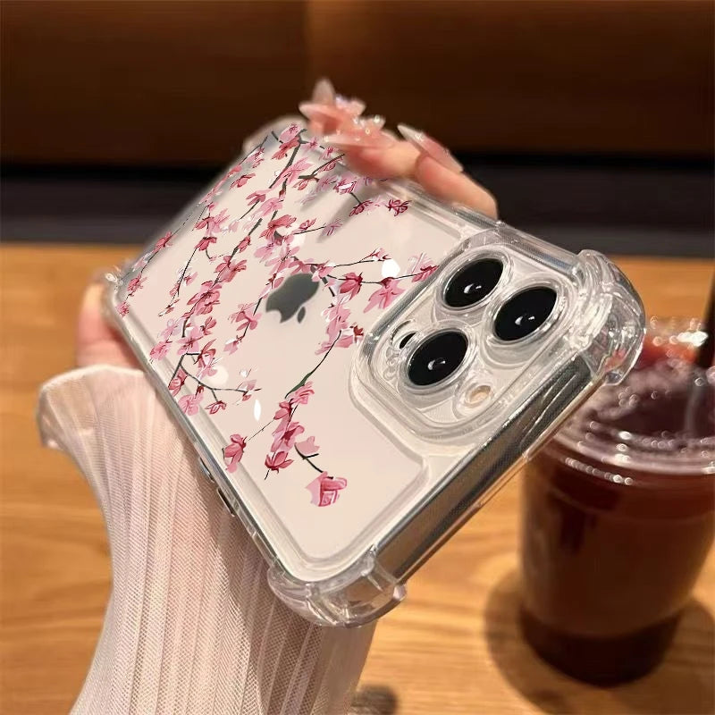 Phone Case for iPhone 17 16 15 14 13 12 11 Pro Max 17 Air 14 15 16 Plus Blossom Electroplated Transparent Shockproof Soft Cover