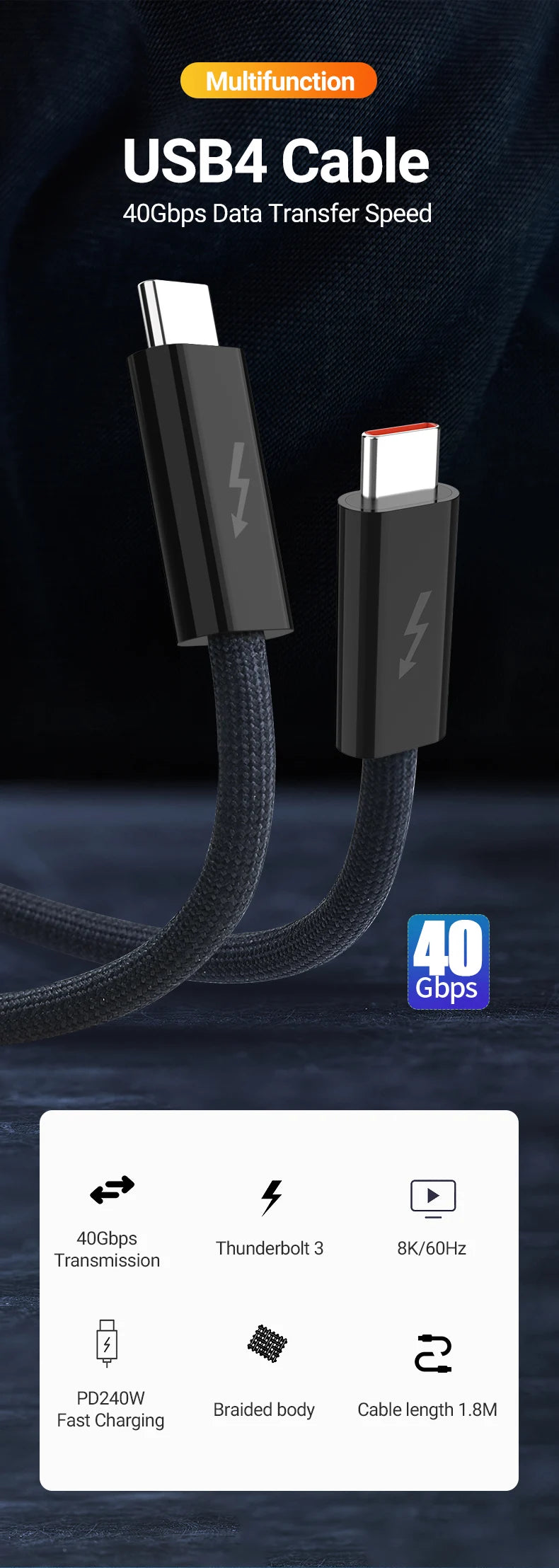 USB 4.0 Type-C Data Cable 240W Fast Charging Cable with 40Gbps Speed 8K HD Video Support Thunderbolt 3/4 for Phone Switch iPad