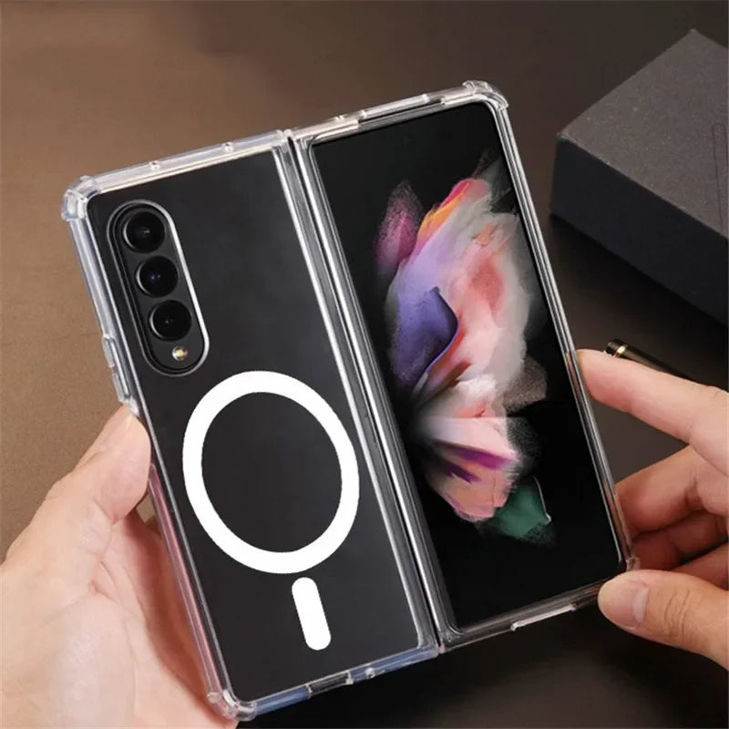 Galaxy Z Flip and Fold 3/4/5/6 Magnetic Case: Durable, Air-Cushioned, Transparent - Support Wireless Charging