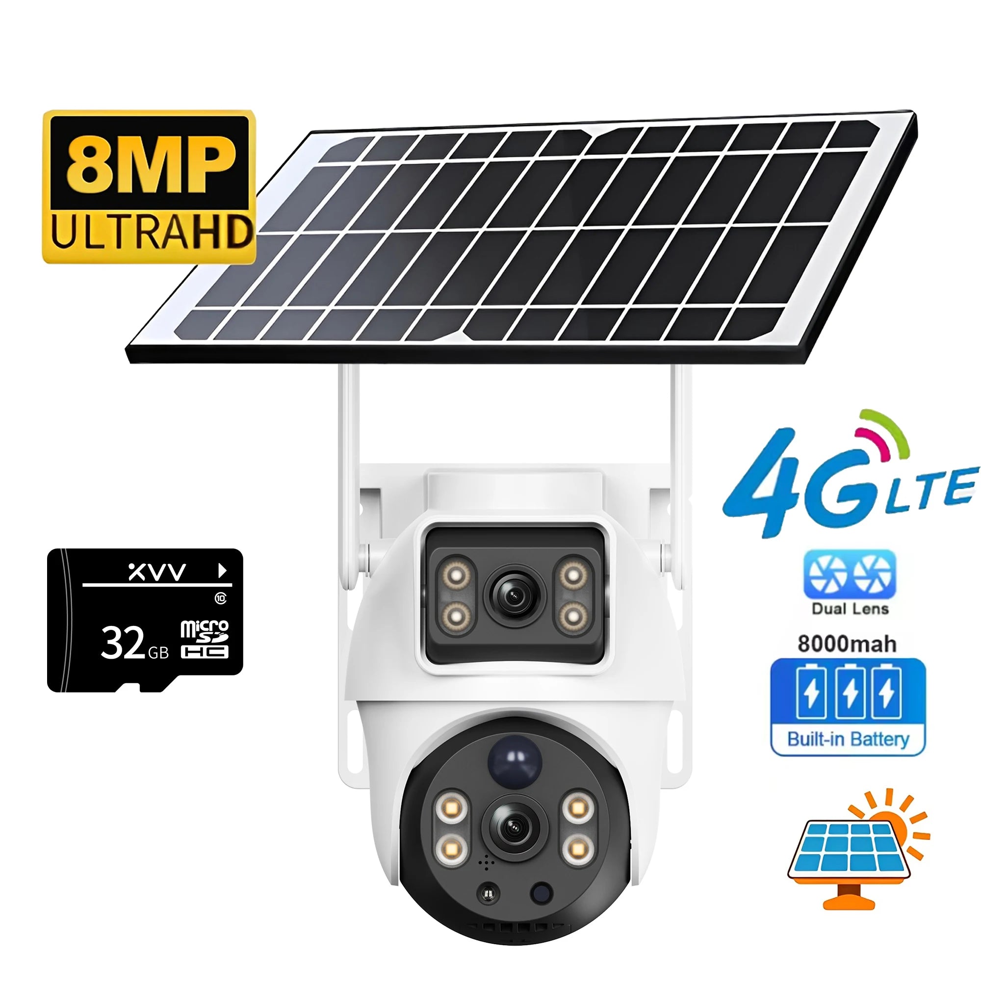 Solar 4G Camera With Sim Card 8MP 4K Dual Lens Dual View Monitor Night Vision Security Protection PTZ Video Surveillance