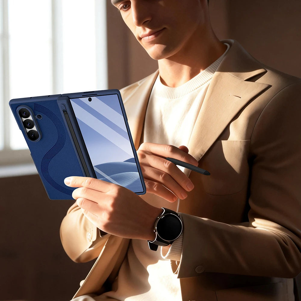 Full Cover PU Leather Z Fold 7 Case With Magnetic Hinge Protector, Touch Pen And Privacy Glass Film For Galaxy Z Fold 7 Fold 6