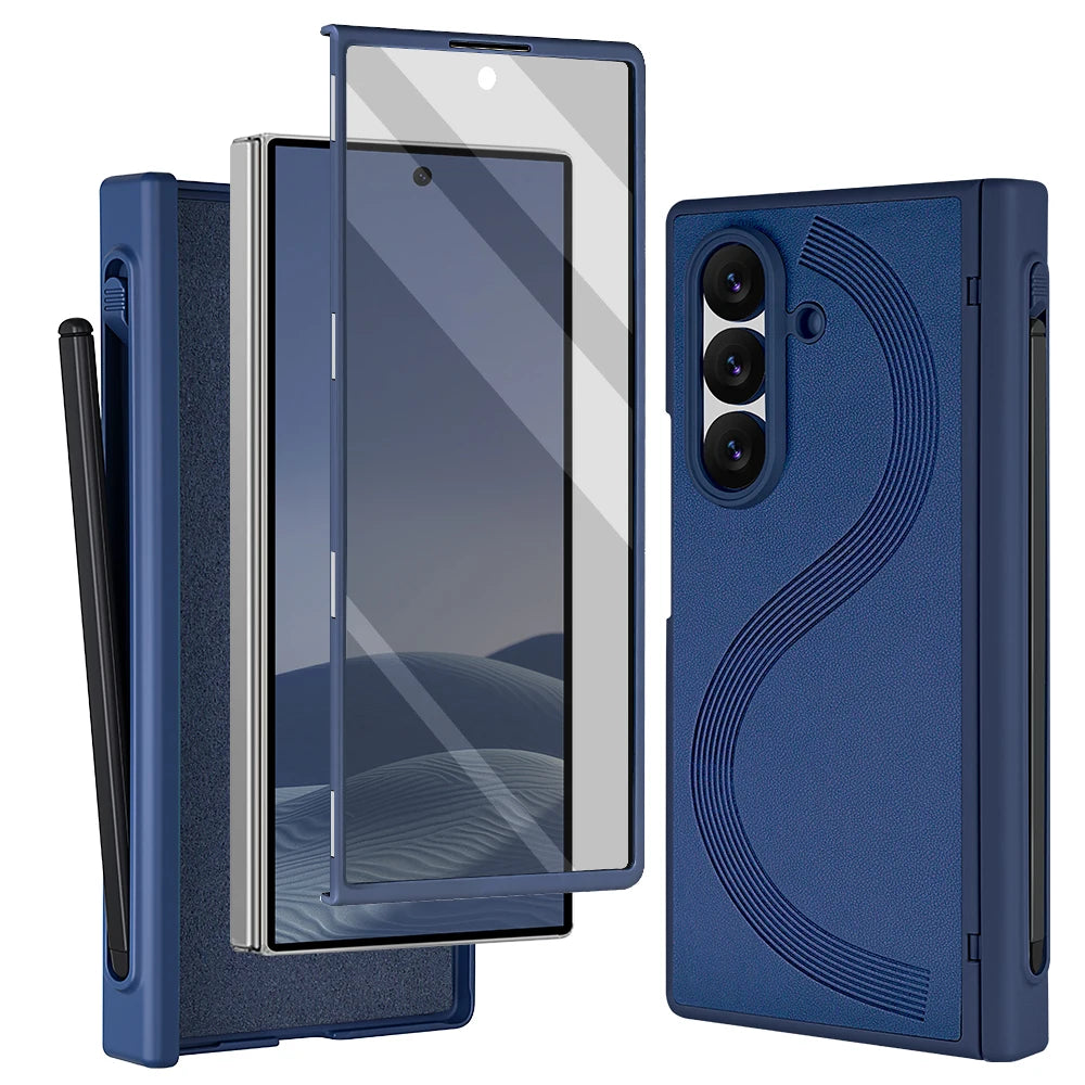 Full Cover PU Leather Z Fold 7 Case With Magnetic Hinge Protector, Touch Pen And Privacy Glass Film For Galaxy Z Fold 7 Fold 6