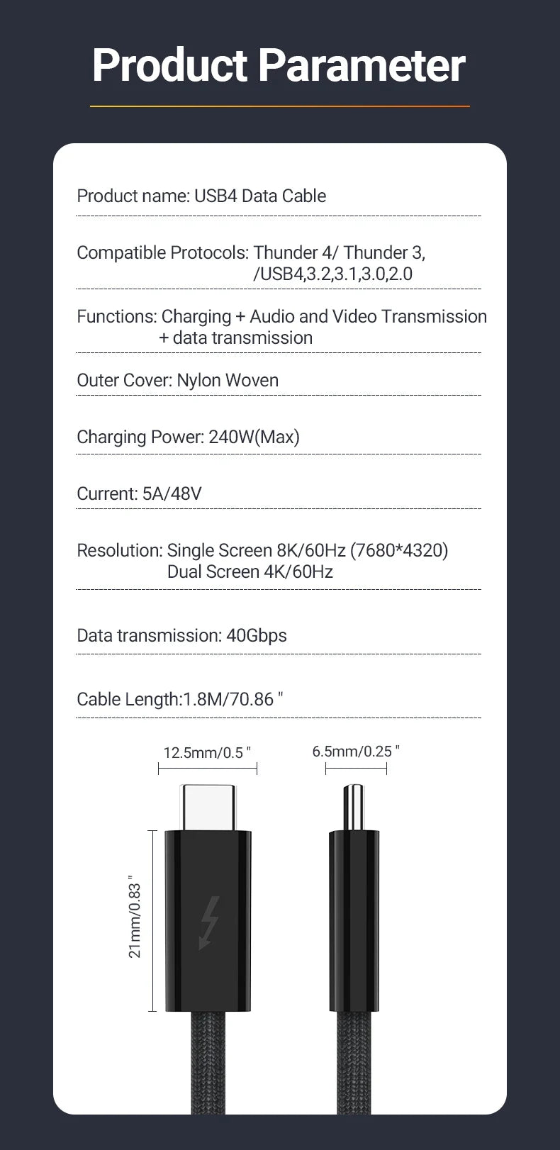 USB 4.0 Type-C Data Cable 240W Fast Charging Cable with 40Gbps Speed 8K HD Video Support Thunderbolt 3/4 for Phone Switch iPad