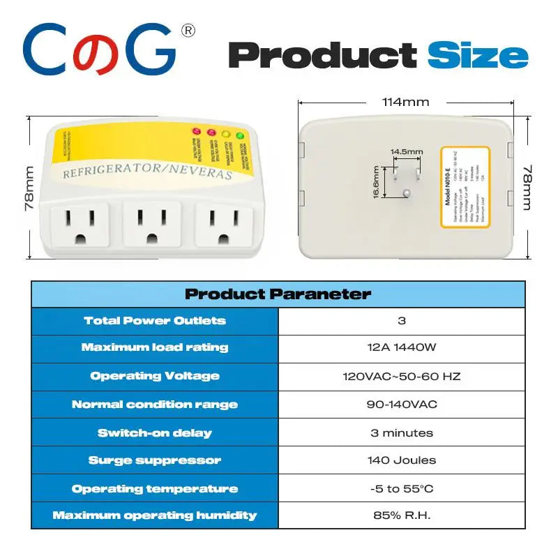 CG 1Pcs Single/Three Outlet Power Surge Protector 120V 10/12A Home Appliance Voltage Brownout Plug Outlet for PC/TV/Refrigerator