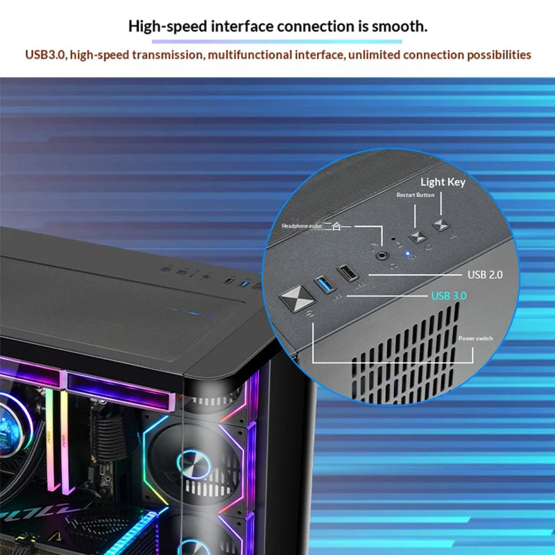 WJCOOLMAN Sky curtain Plus ATX PC gaming case Curved glass sea view room Desktop computer case 360 water cooler gabinete gamer KingsLab Edition