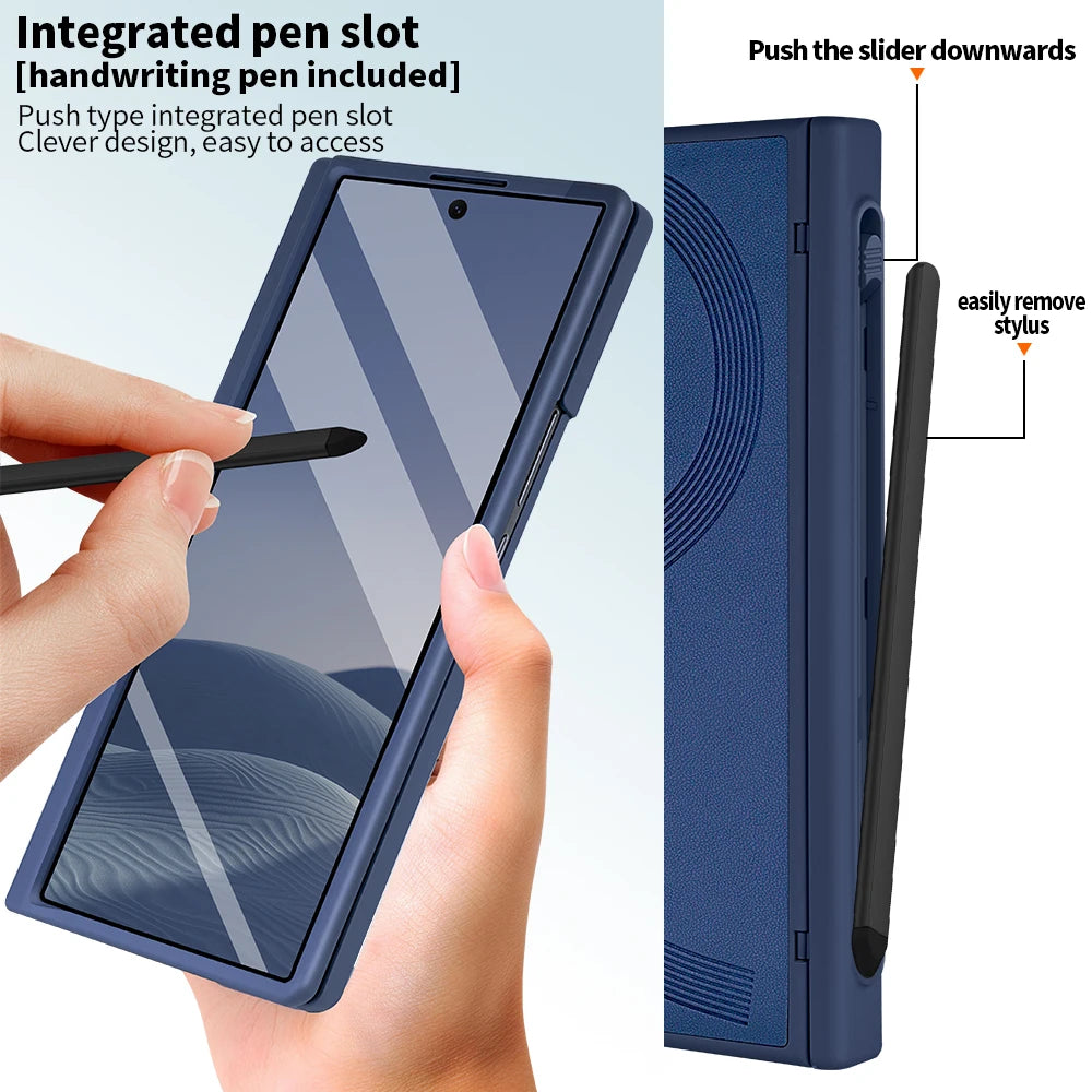 Full Cover PU Leather Z Fold 7 Case With Magnetic Hinge Protector, Touch Pen And Privacy Glass Film For Galaxy Z Fold 7 Fold 6