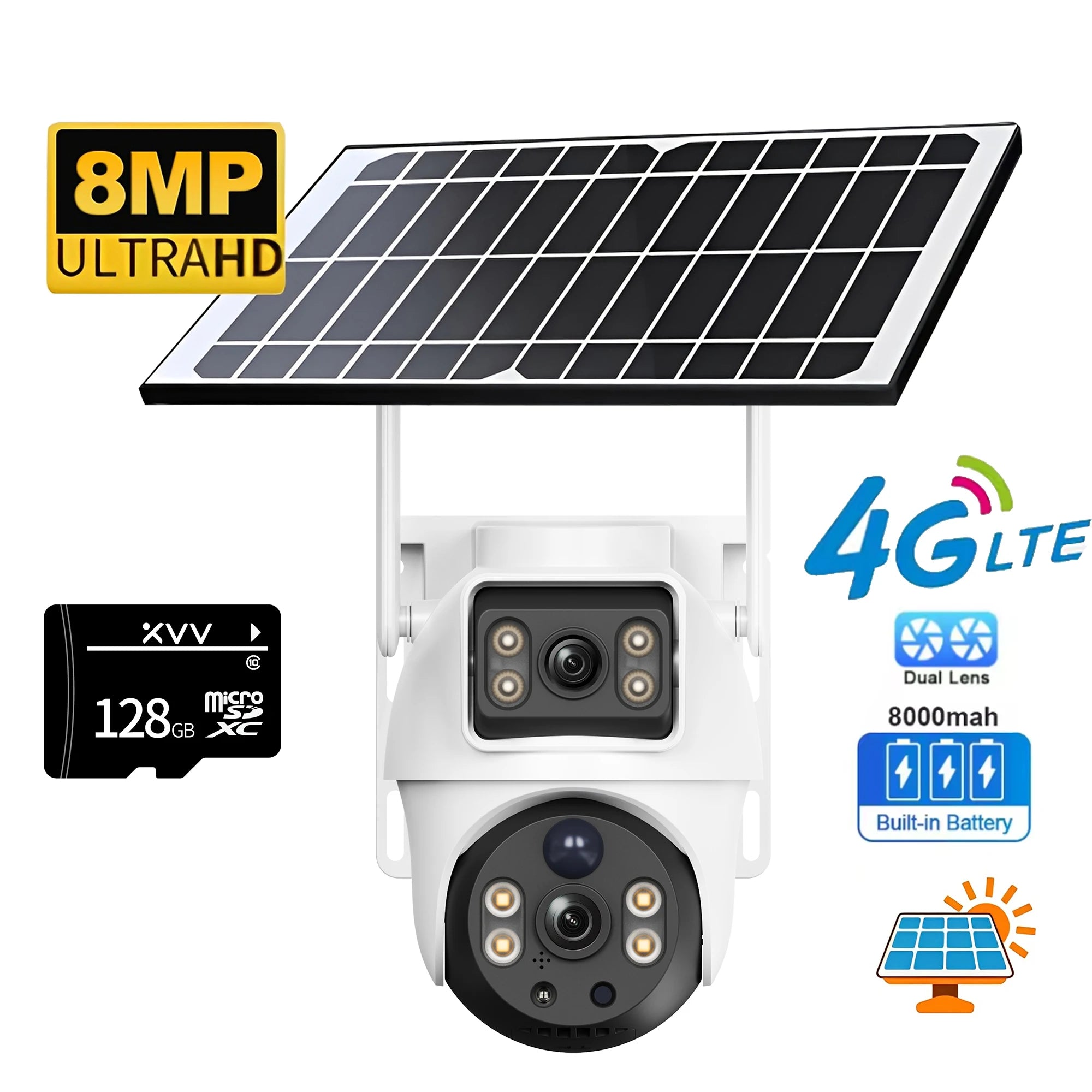 Solar 4G Camera With Sim Card 8MP 4K Dual Lens Dual View Monitor Night Vision Security Protection PTZ Video Surveillance