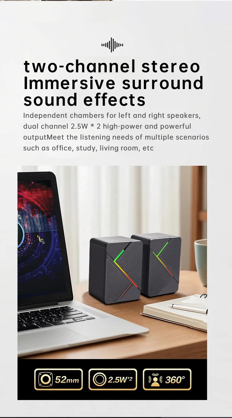 PC Computer Stereo Speaker  RGB Gaming Speakers - USB Powered 2.0 Channel Stereo Sound System with Colorful LED Lights