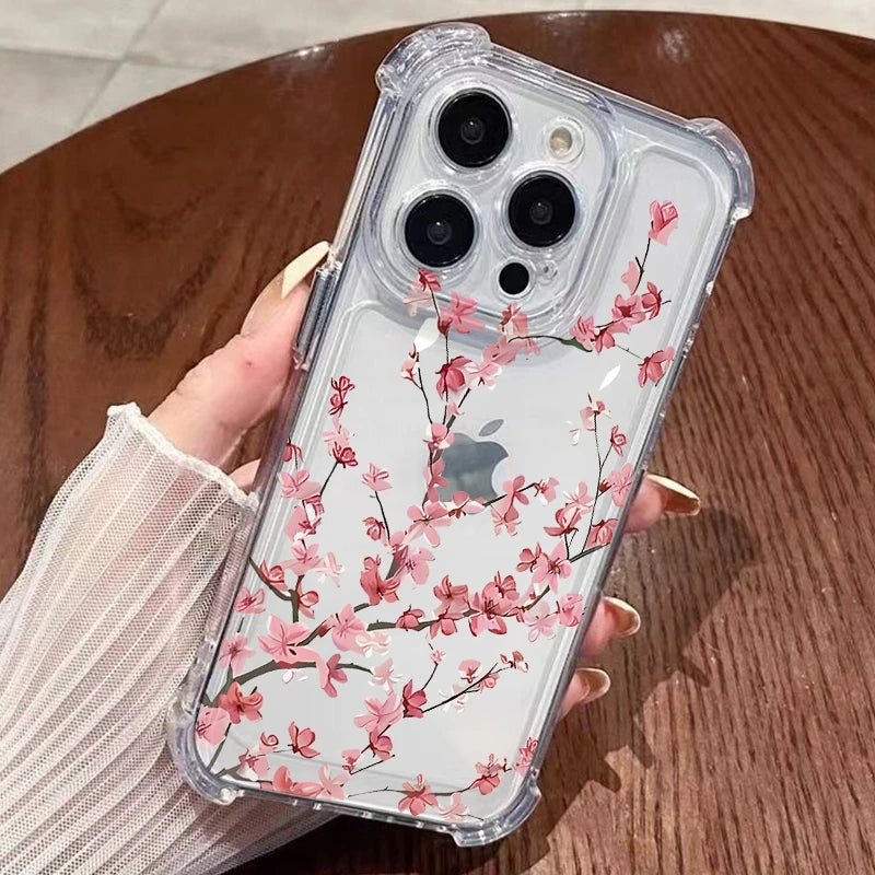 Phone Case for iPhone 17 16 15 14 13 12 11 Pro Max 17 Air 14 15 16 Plus Blossom Electroplated Transparent Shockproof Soft Cover