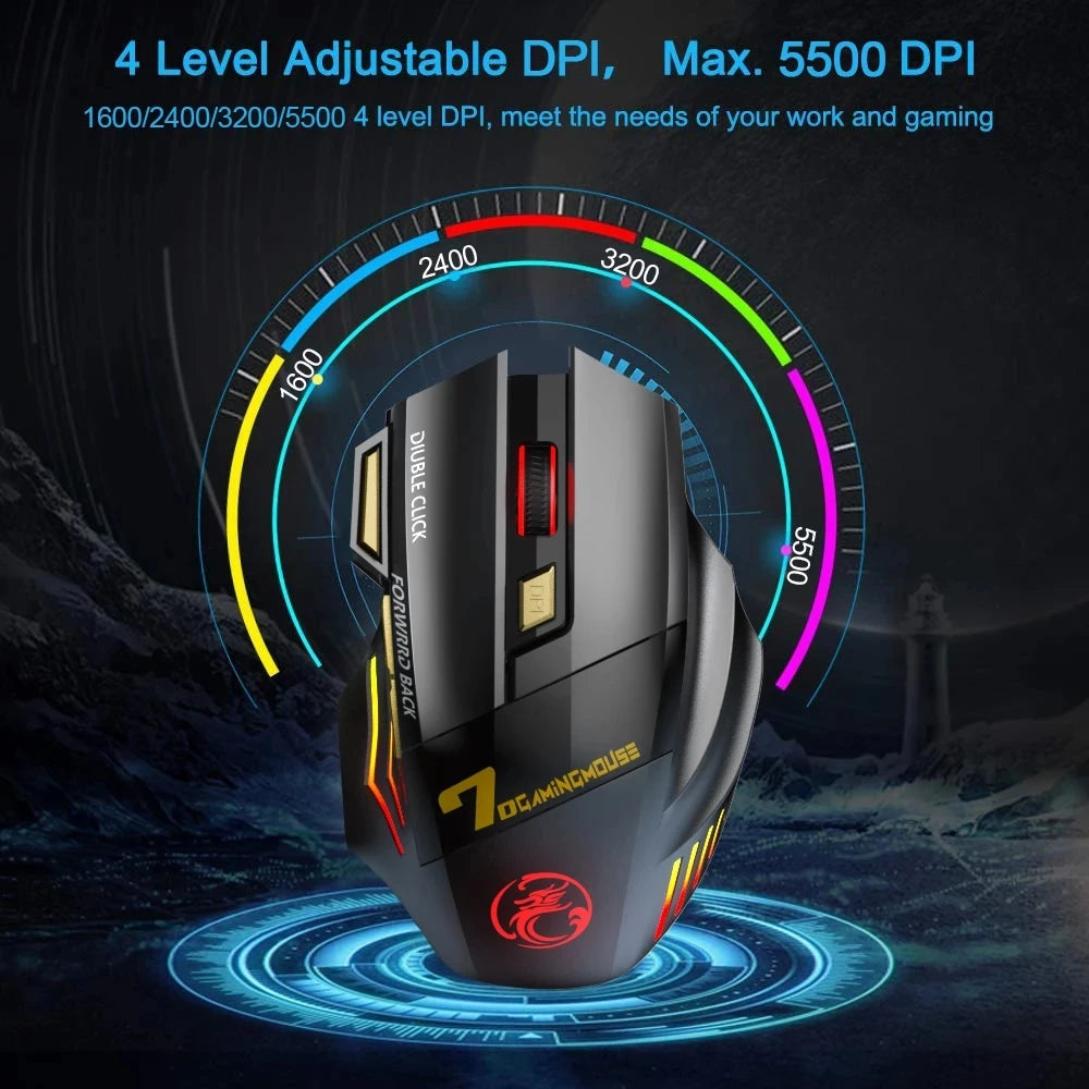 Wireless Gaming Mouse Ergonomic Silent RGB Gaming Mouse Rechargeable 7-color Breathing LED Portable Durable for Laptop Ipad Tool