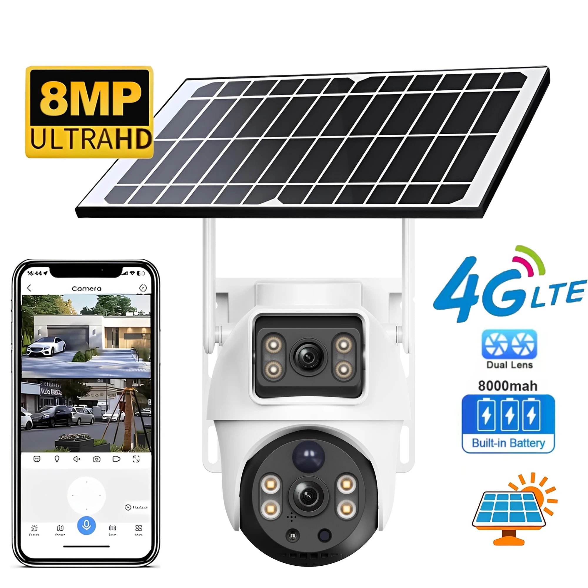 Solar 4G Camera With Sim Card 8MP 4K Dual Lens Dual View Monitor Night Vision Security Protection PTZ Video Surveillance