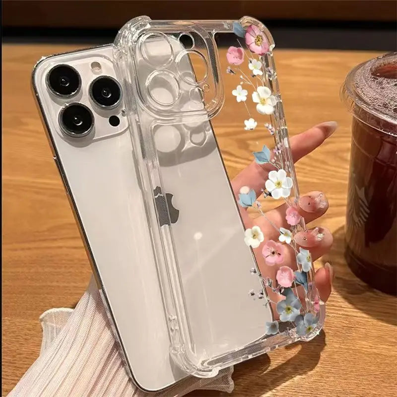 Phone Case for iPhone 17 16 15 14 13 12 11 Pro Max 17 Air 14 15 16 Plus Blossom Electroplated Transparent Shockproof Soft Cover