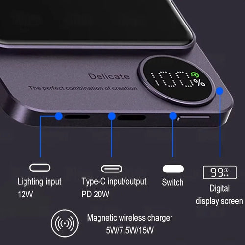 10000mAh Alloy Macsafe Powerbank Magnetic Power Bank Wireless Fast Charger Portable Battery For Magsafe iPhone 16 15 14 13 12
