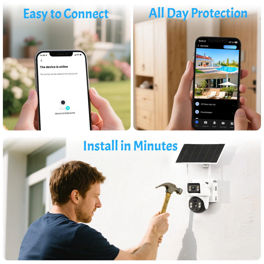 Solar 4G Camera With Sim Card 8MP 4K Dual Lens Dual View Monitor Night Vision Security Protection PTZ Video Surveillance