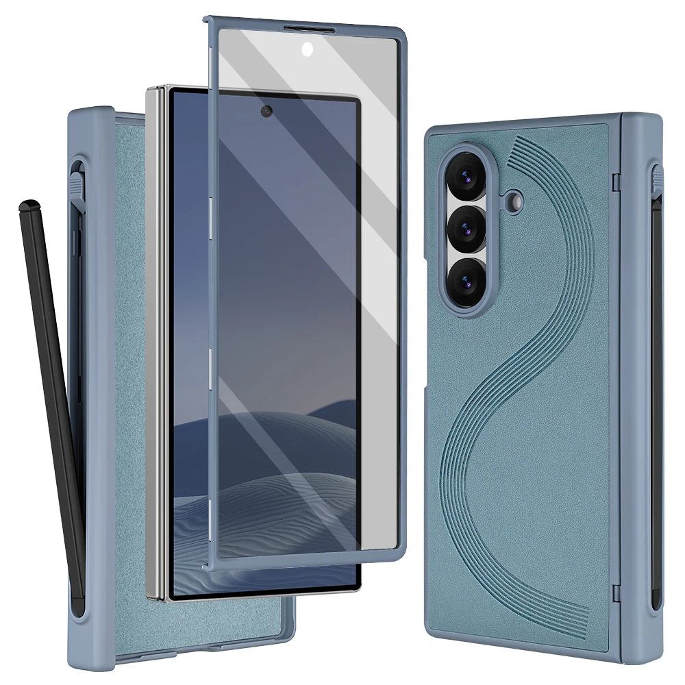 Full Cover PU Leather Z Fold 7 Case With Magnetic Hinge Protector, Touch Pen And Privacy Glass Film For Galaxy Z Fold 7 Fold 6