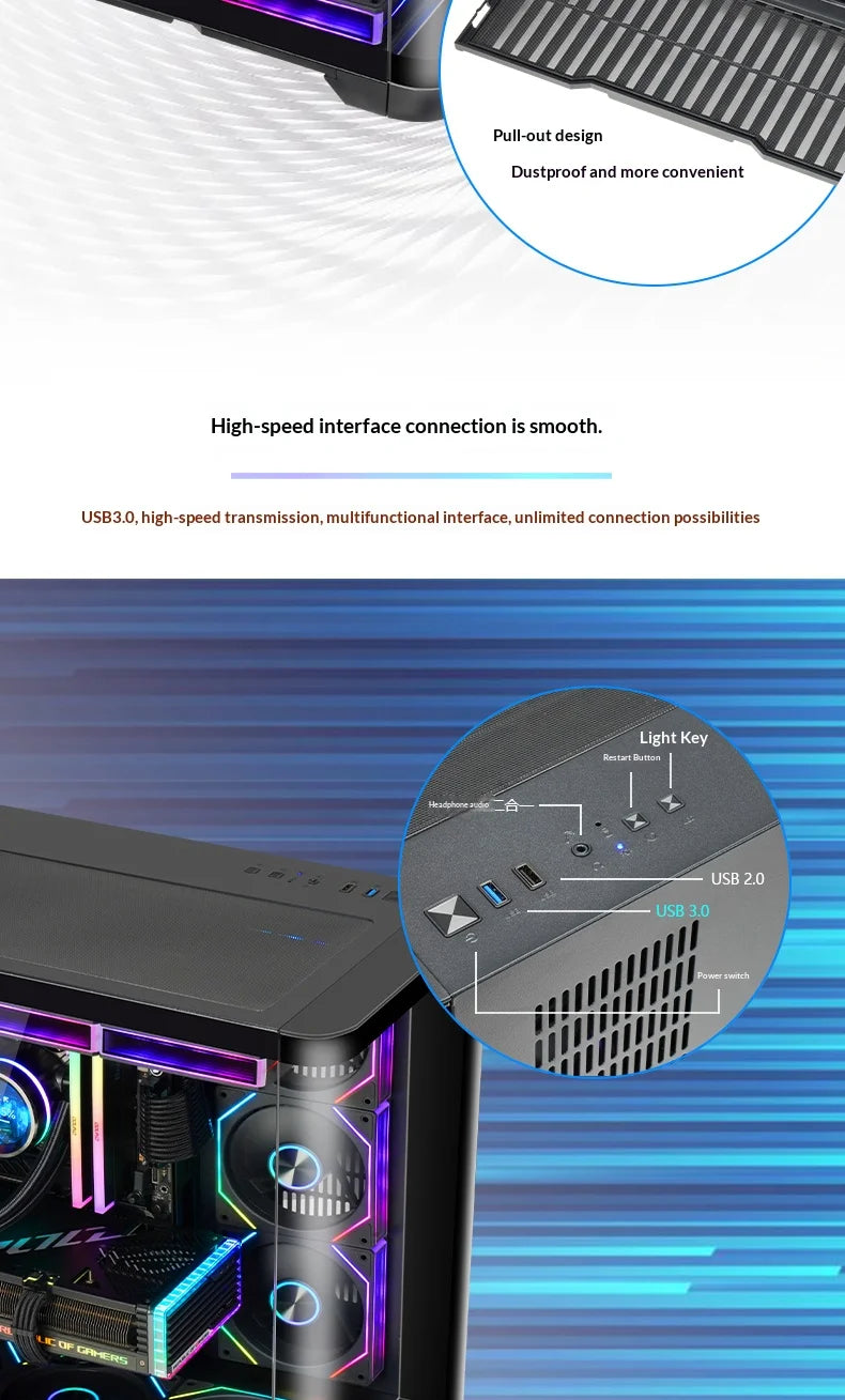 WJCOOLMAN Sky curtain Plus ATX PC gaming case Curved glass sea view room Desktop computer case 360 water cooler gabinete gamer KingsLab Edition