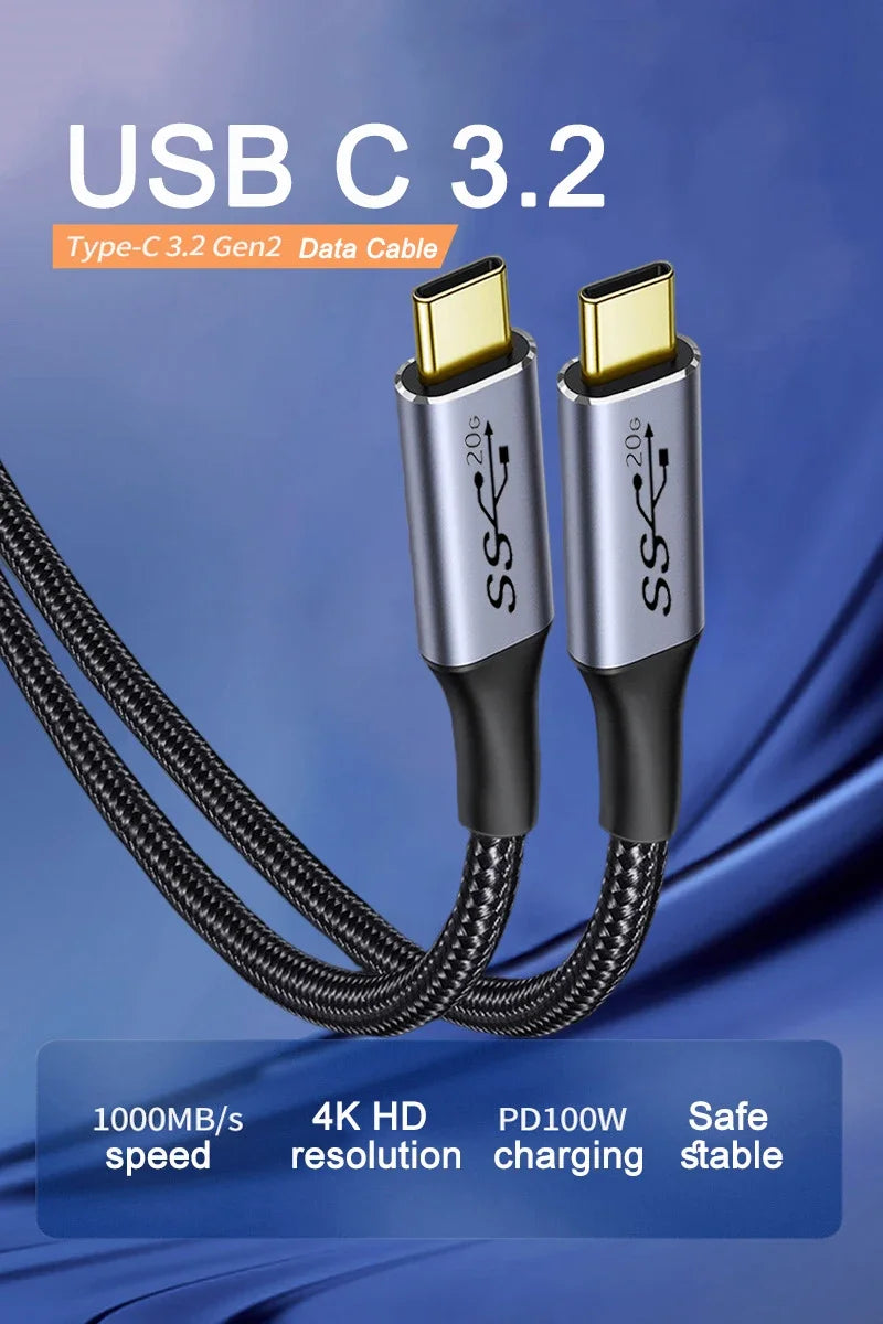 Type C To C Usb C Cable Fast Charging PD 100W 5A 20Gbps High Speed Transmission Data Cable USB3.2 Gen2 4K 60Hz Audio Cable Male